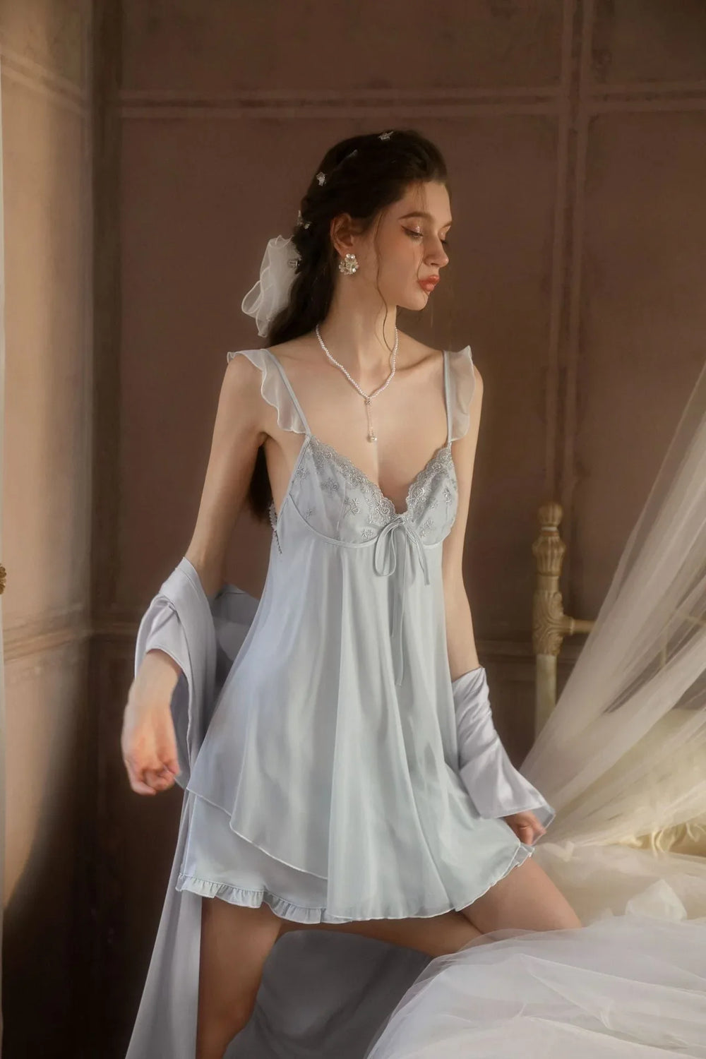 Celestial Silver Satin Lace Nightgown - TEVQA