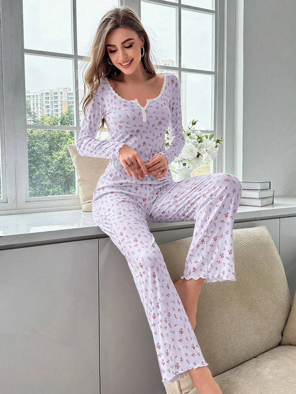 Ditsy floral ribbed henley pajama set - View 21 | TEVQA
