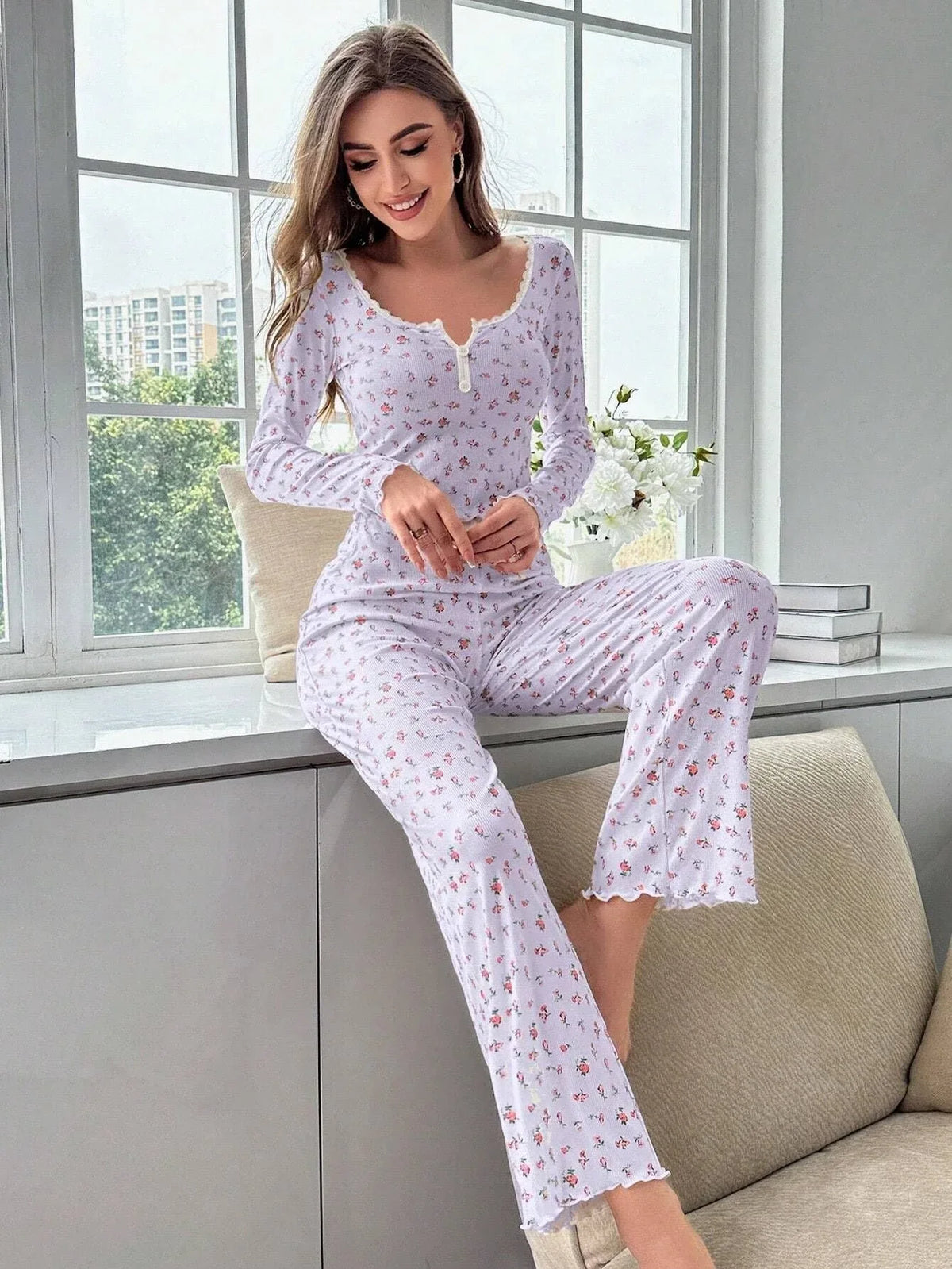 Ditsy floral ribbed henley pajama set - View 21 | TEVQA