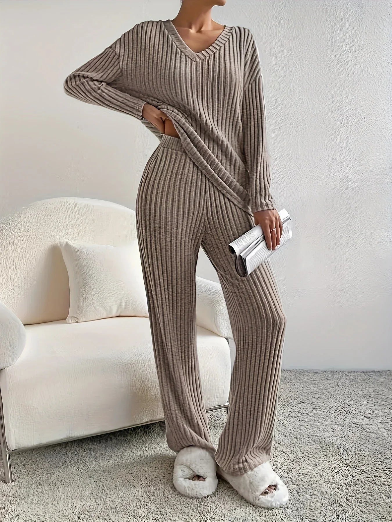 Serenity Blue Ribbed Knit Lounge Set - View 6 | TEVQA
