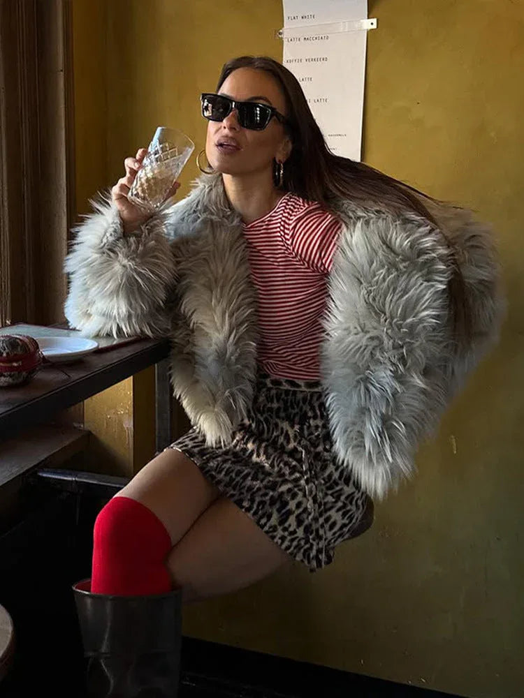Silver grey shaggy faux fur cropped jacket with wide turn-down collar - View 6 | TEVQA