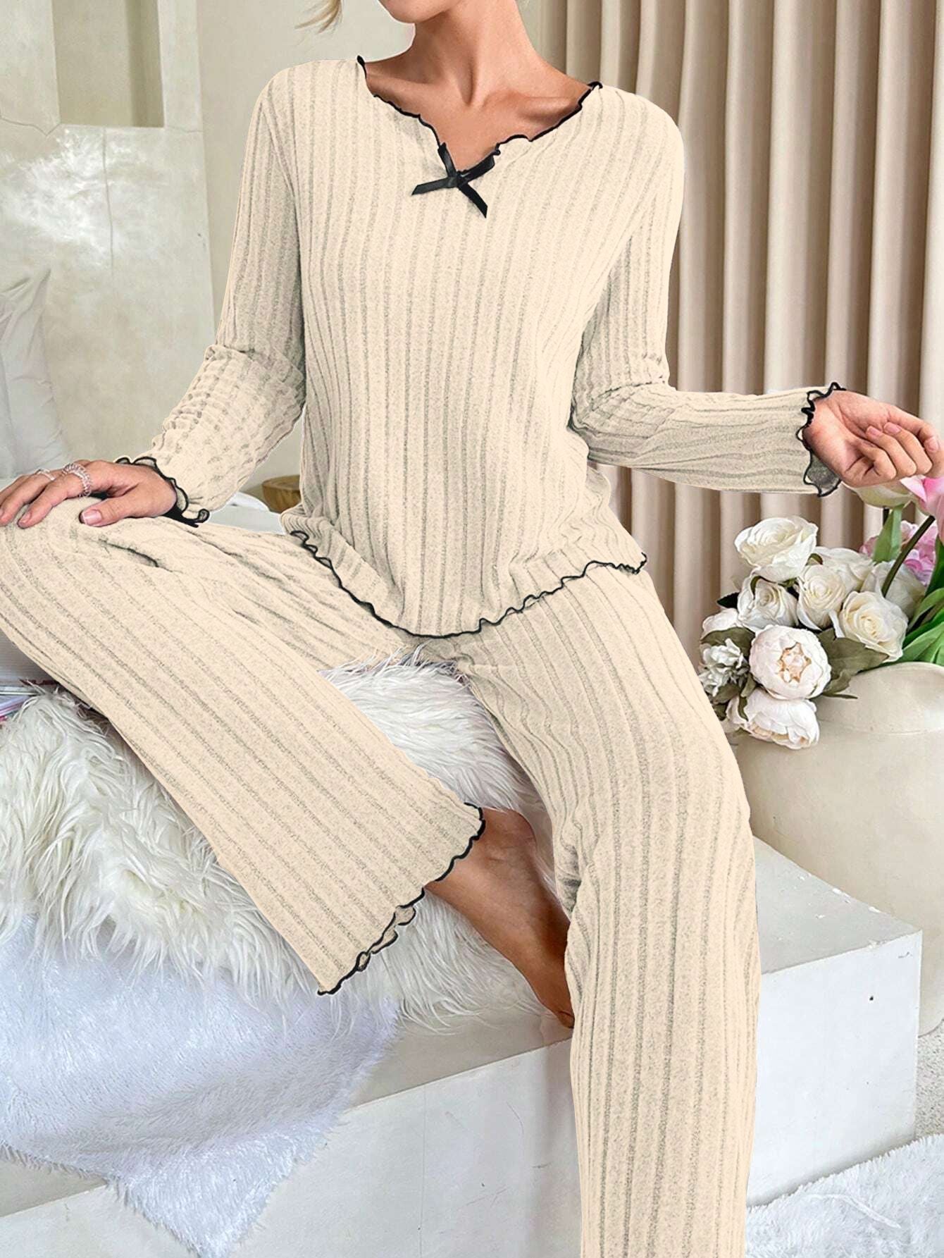 Coquette Contrast Trim Ribbed Pajama Set
