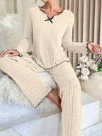 Ribbed Pajama Set with Contrast Trim - View 7 | TEVQA