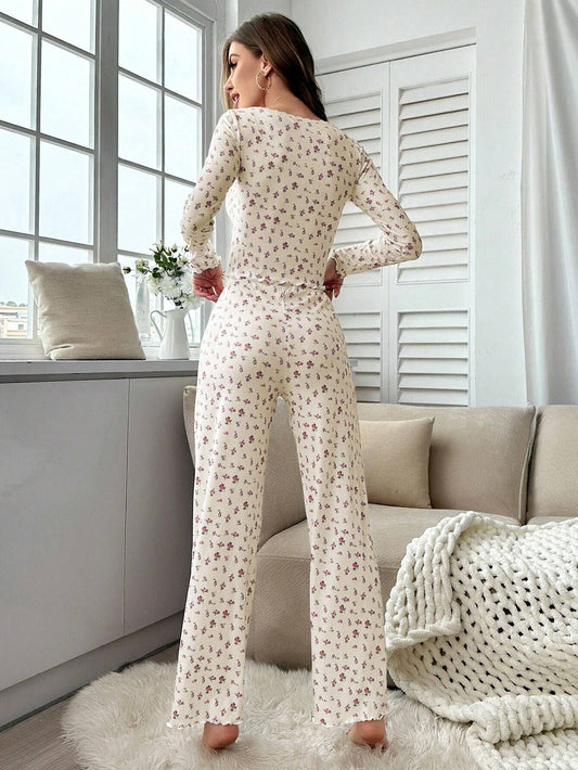 Coquette Ditsy Floral Ribbed Henley Pajama Set
