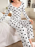 Ribbed Heart Print Pajama Set - View 38 | TEVQA