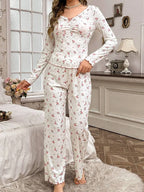 Ribbed Knit Floral Pajama Set - View 11 | TEVQA