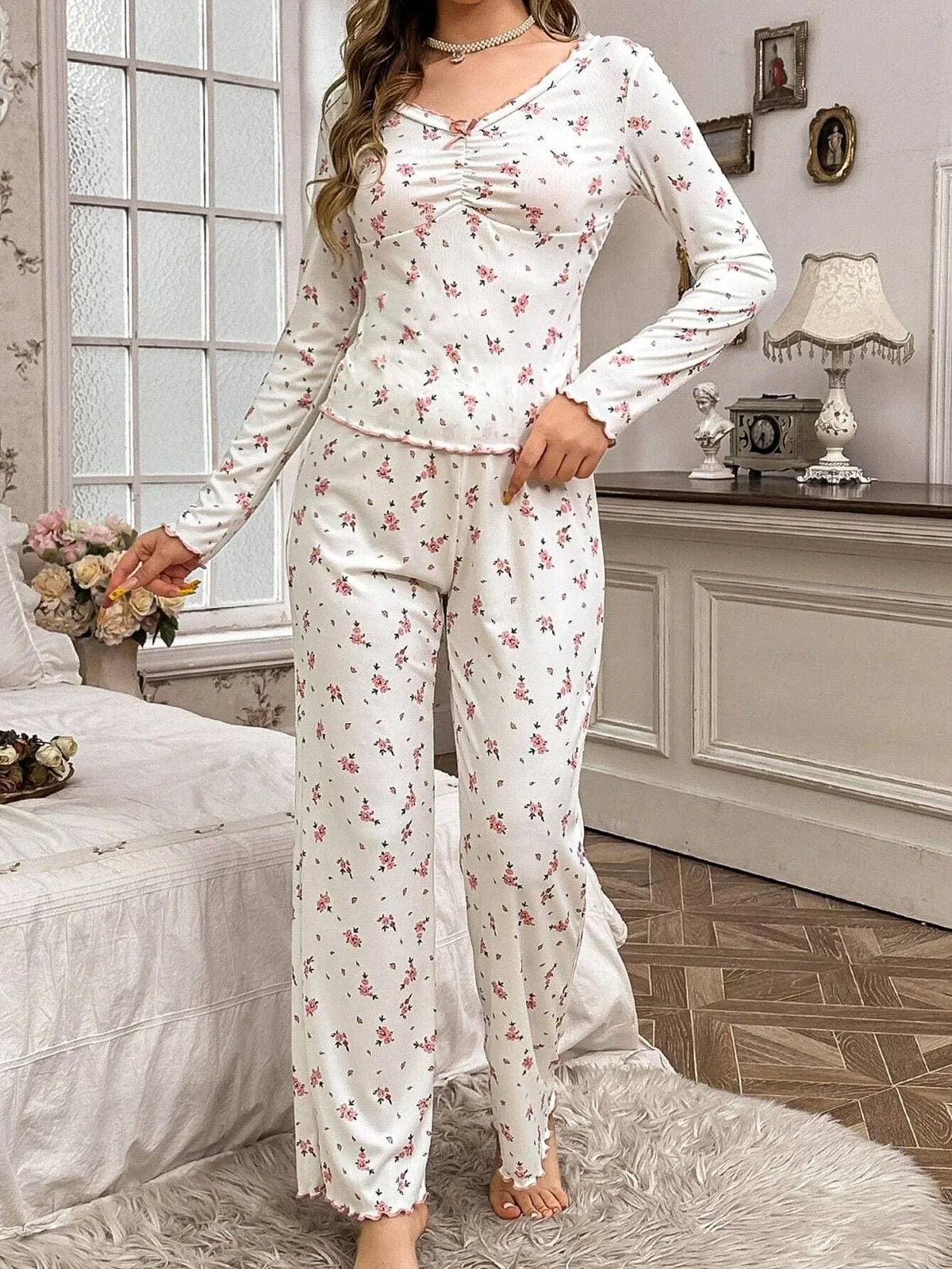 Ribbed Knit Floral Pajama Set - View 11 | TEVQA