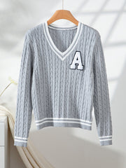 Preppy Varsity Cable Knit V-Neck Sweater