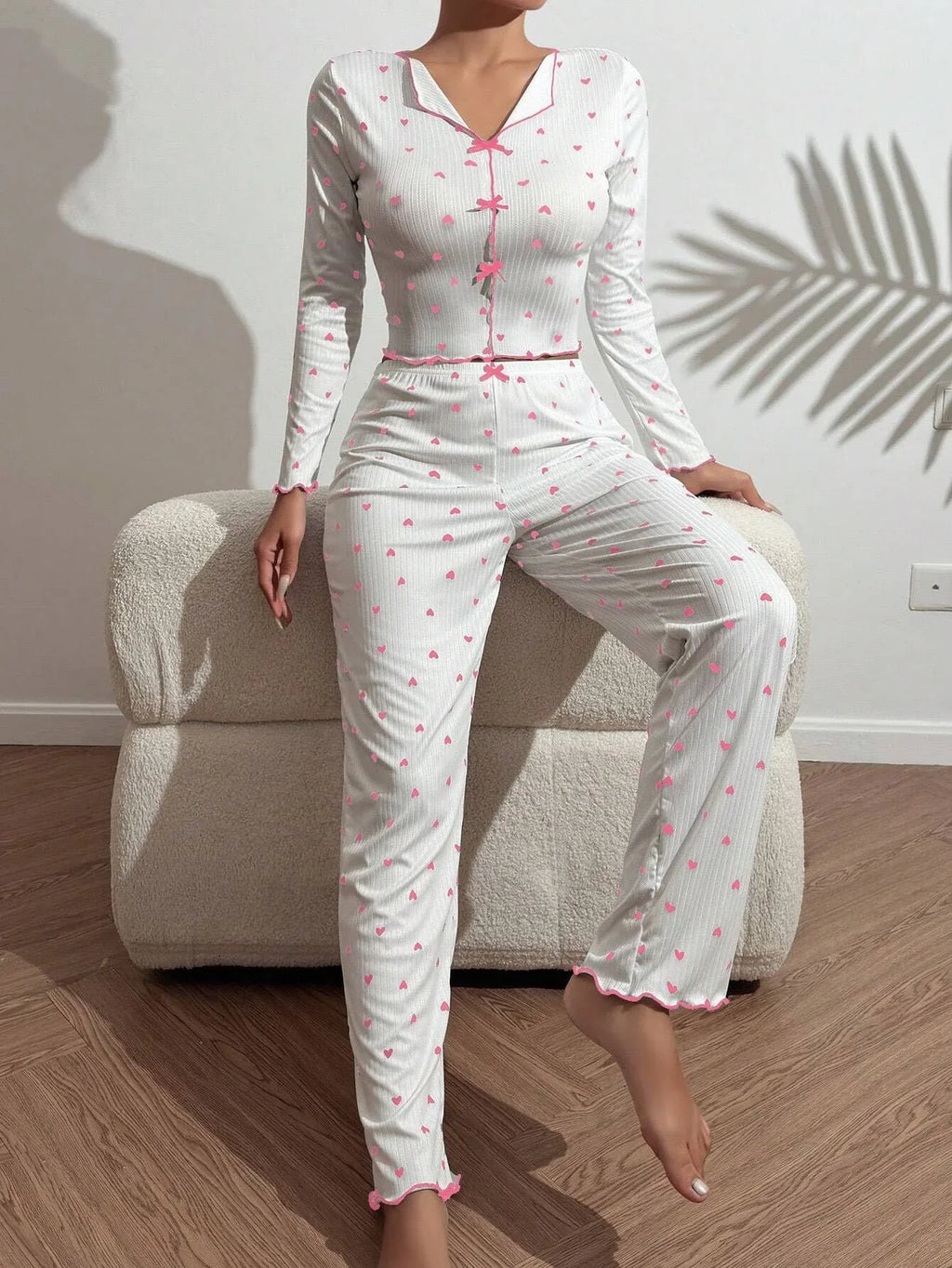Ribbed Heart Print Pajama Set - View 11 | TEVQA