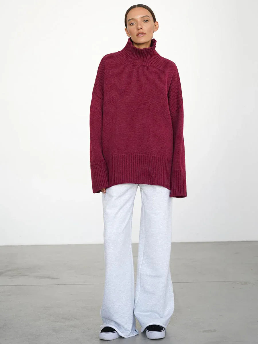 Effortless Oversized High-Neck Ribbed Knit Sweater - TEVQA