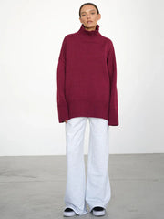 Effortless Oversized High-Neck Ribbed Knit Sweater - TEVQA