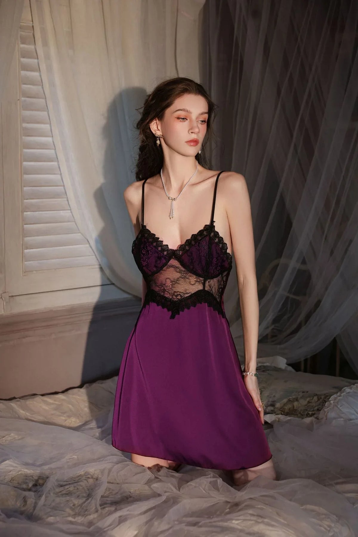 Satin and lace robe and slip set - View 15 | TEVQA