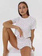 Ditsy Heart Print Ribbed Tee & Shorts Set - View 8 | TEVQA