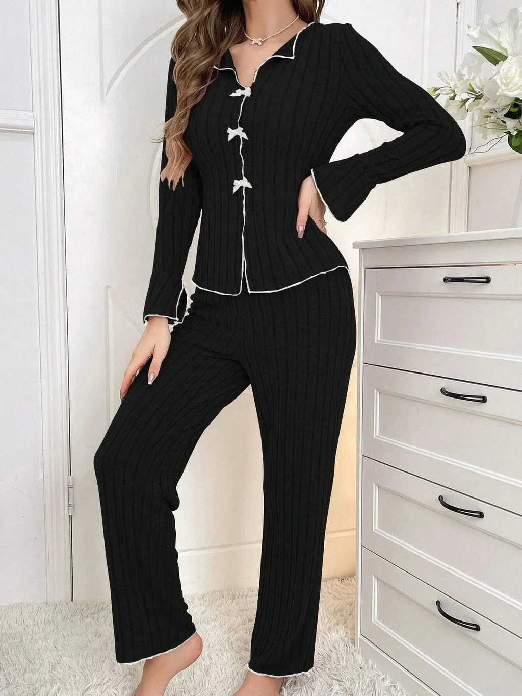 Ribbed pajama set with contrast trim and bow details - View 11 | TEVQA