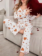 Ribbed Heart Print Pajama Set - View 19 | TEVQA