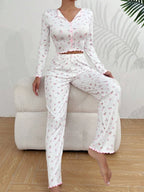 Tulip Floral Ribbed Henley Pajama Set - TEVQA