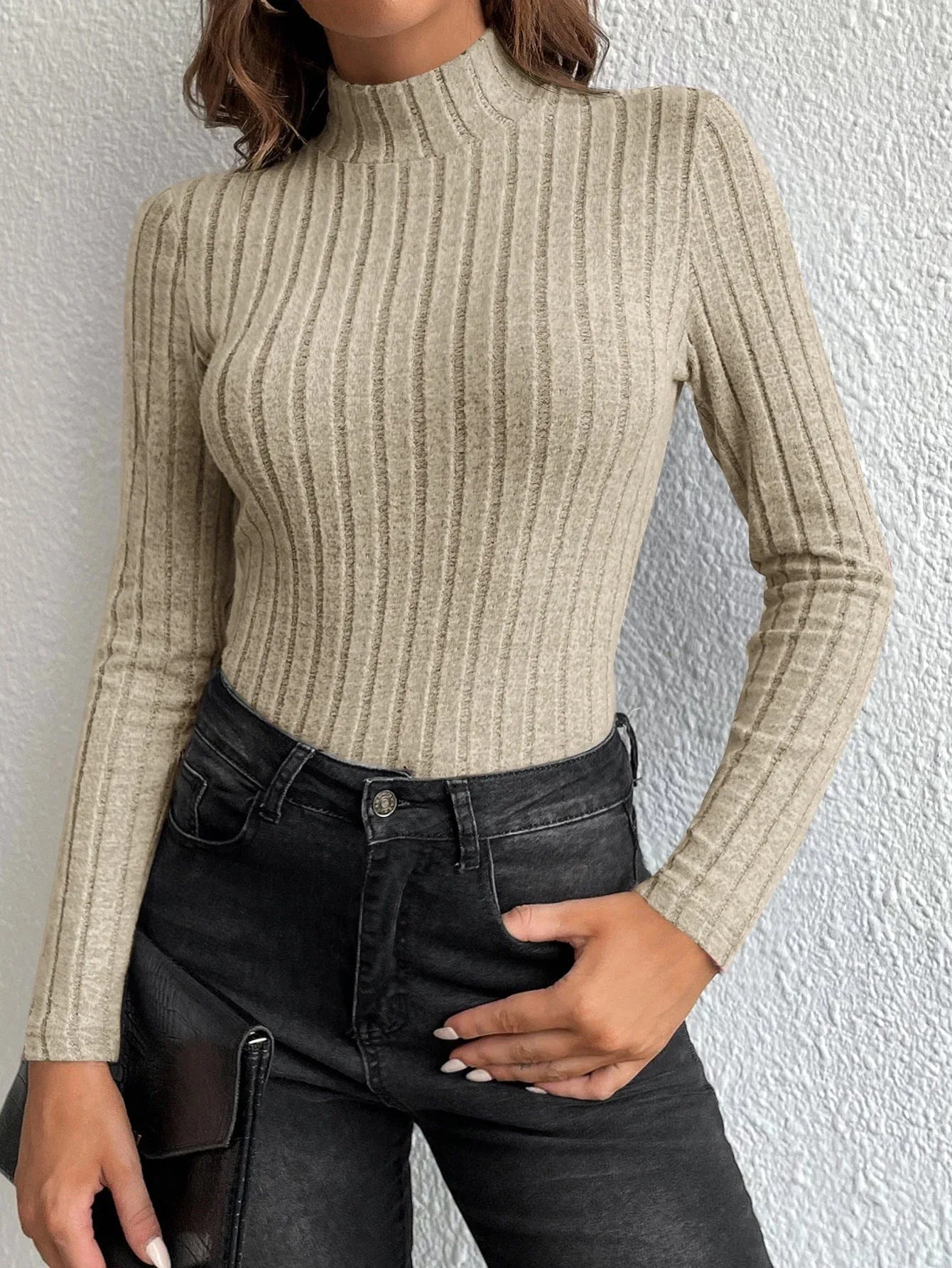 Slate Blue Ribbed Mock Neck Knit Top - View 12 | TEVQA
