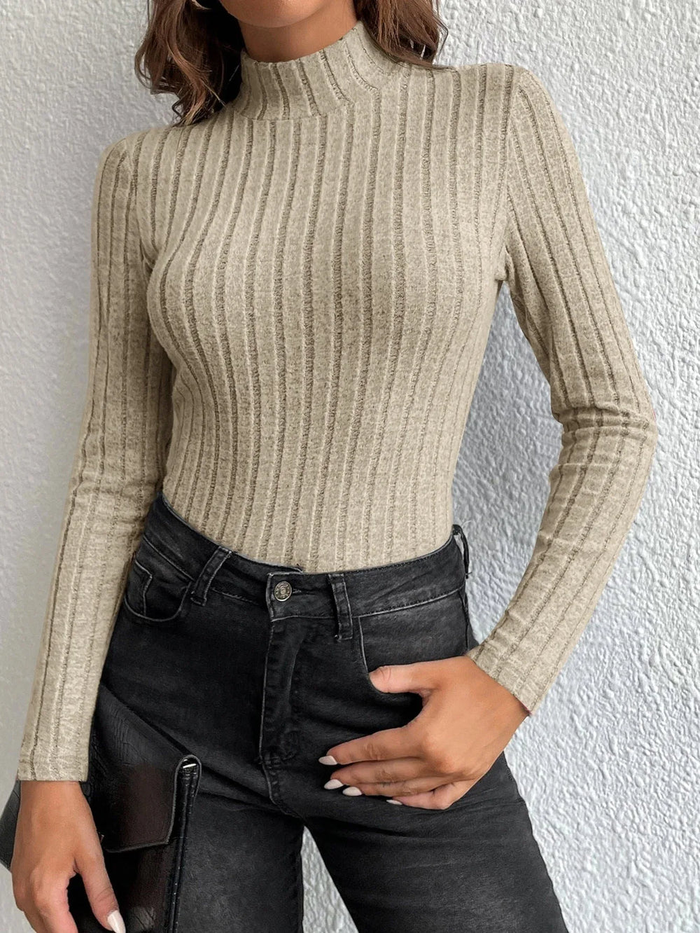 Slate Blue Ribbed Mock Neck Knit Top - View 12 | TEVQA