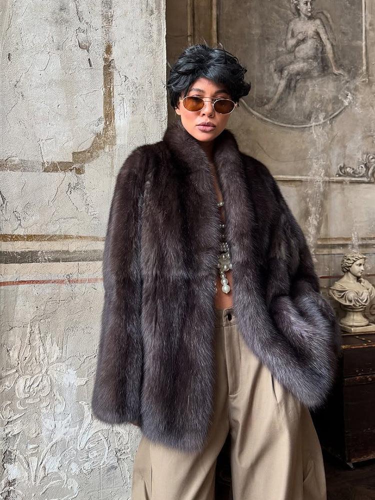 Sophisticated Deep Charcoal Plush Faux Fur Coat - TEVQA