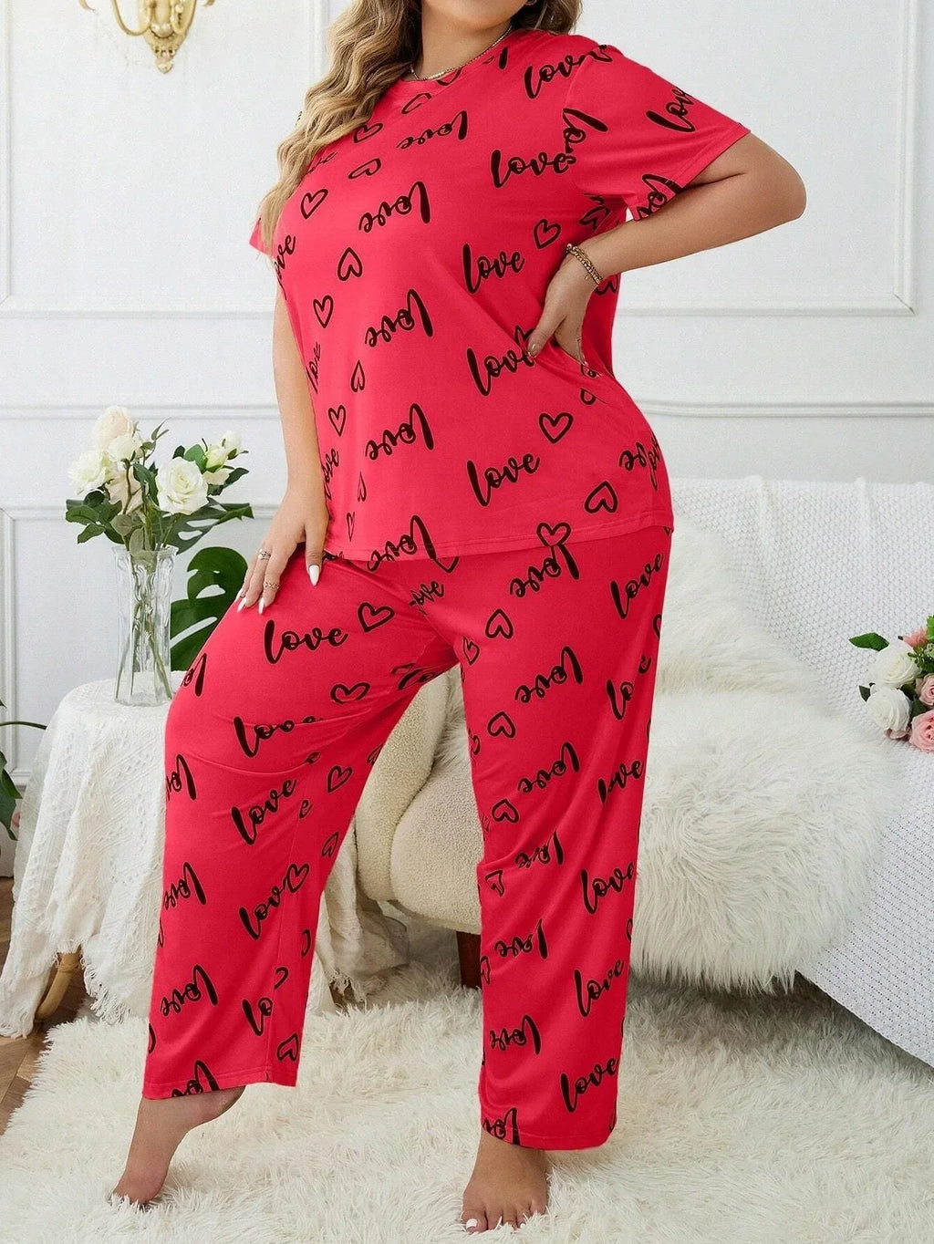 Plus Size "Love" Script Pajama Set - View 9 | TEVQA