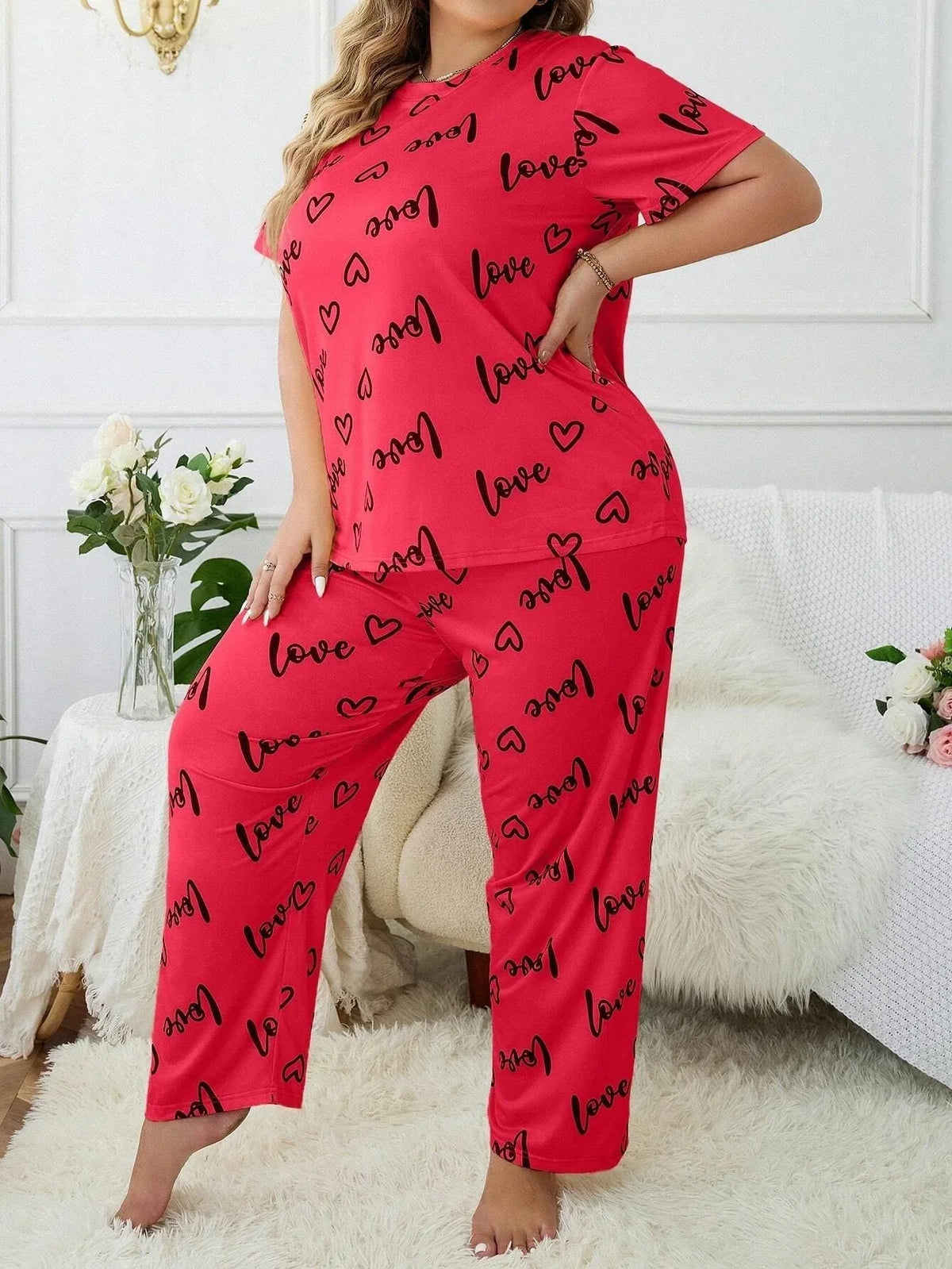 Plus Size "Love" Script Pajama Set - View 9 | TEVQA