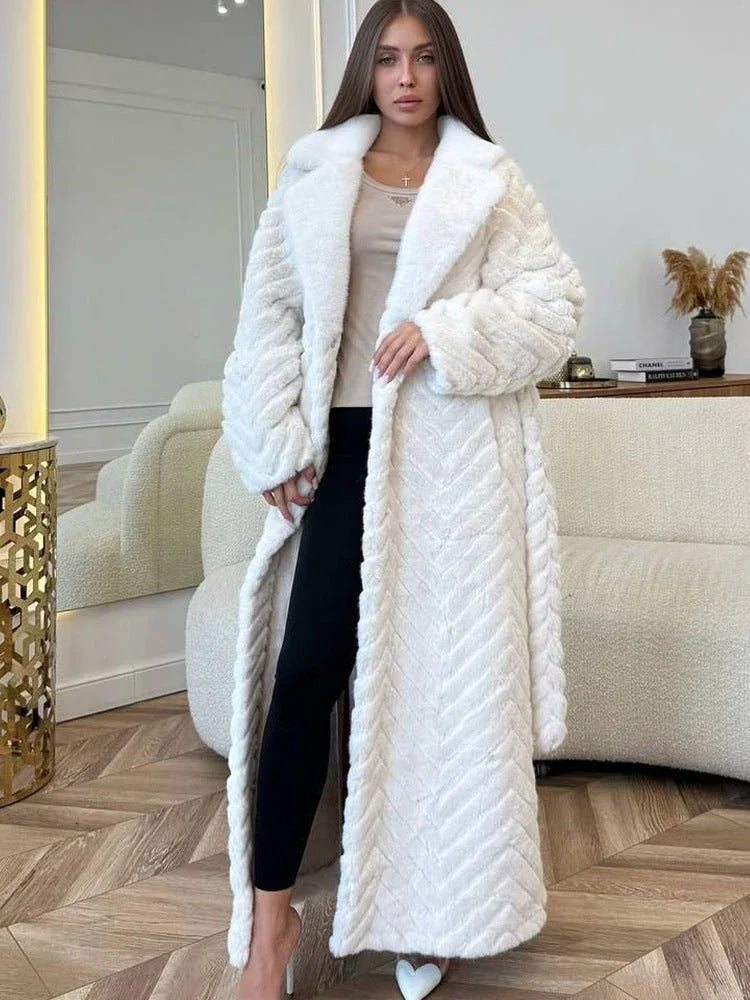 Elegant chevron textured faux fur maxi coat - View 9 | TEVQA