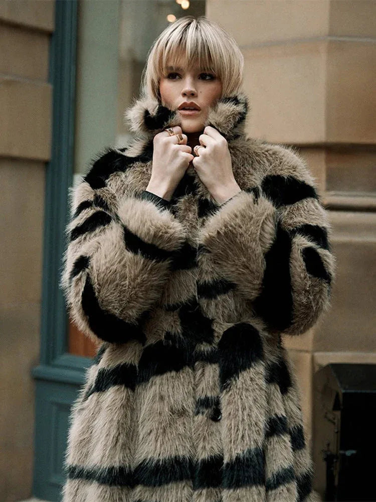 Vintage Zebra Stripe Faux Fur Long Coat - TEVQA