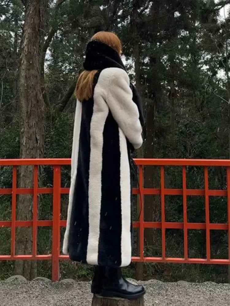 Avant-Garde Black and White Vertical Stripe Faux Fur Maxi Coat - View 7 | TEVQA