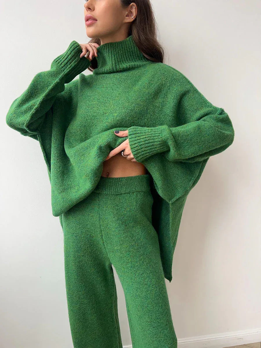 Turtleneck & Wide Leg Knit Two-Piece Set - TEVQA