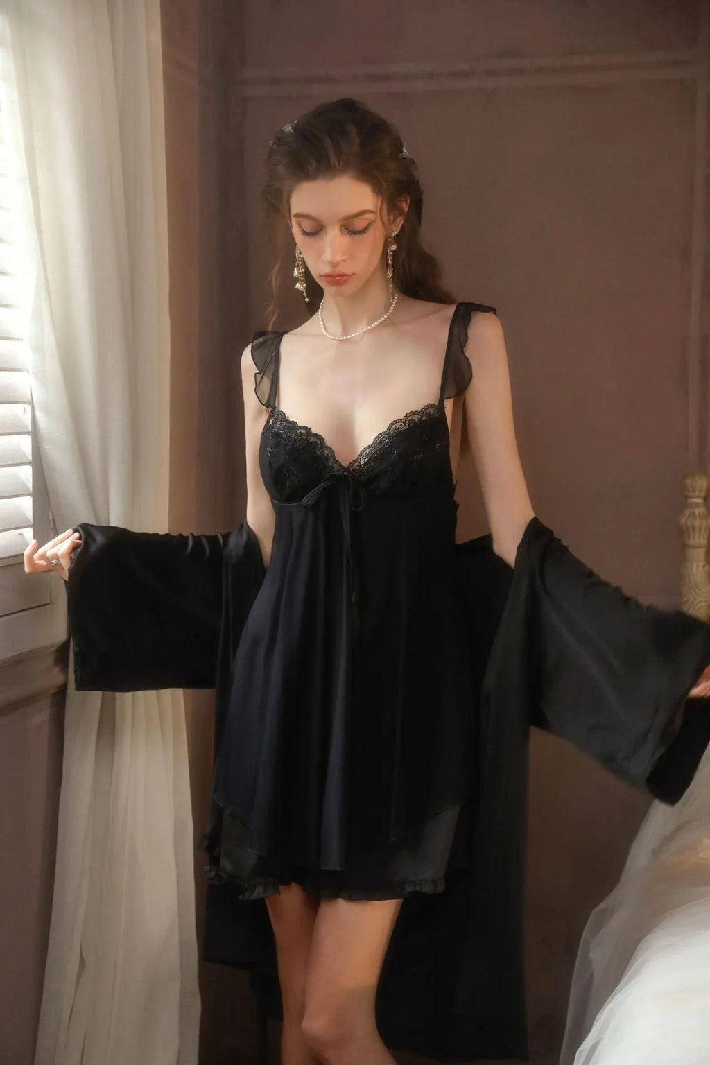 Black Ruffled Satin Slip Dress & Robe Set - TEVQA