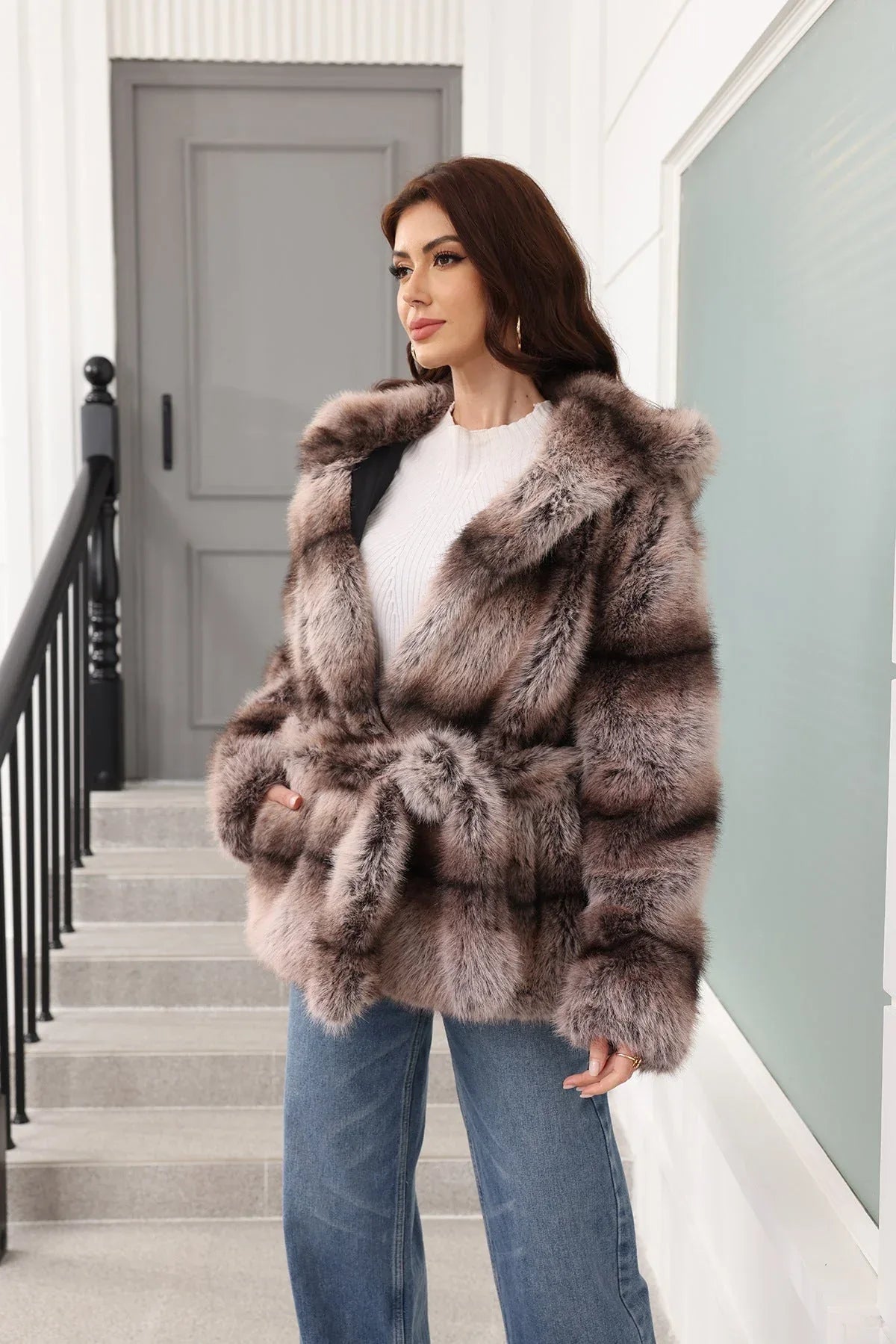 Faux fur coat with hood - View 10 | TEVQA