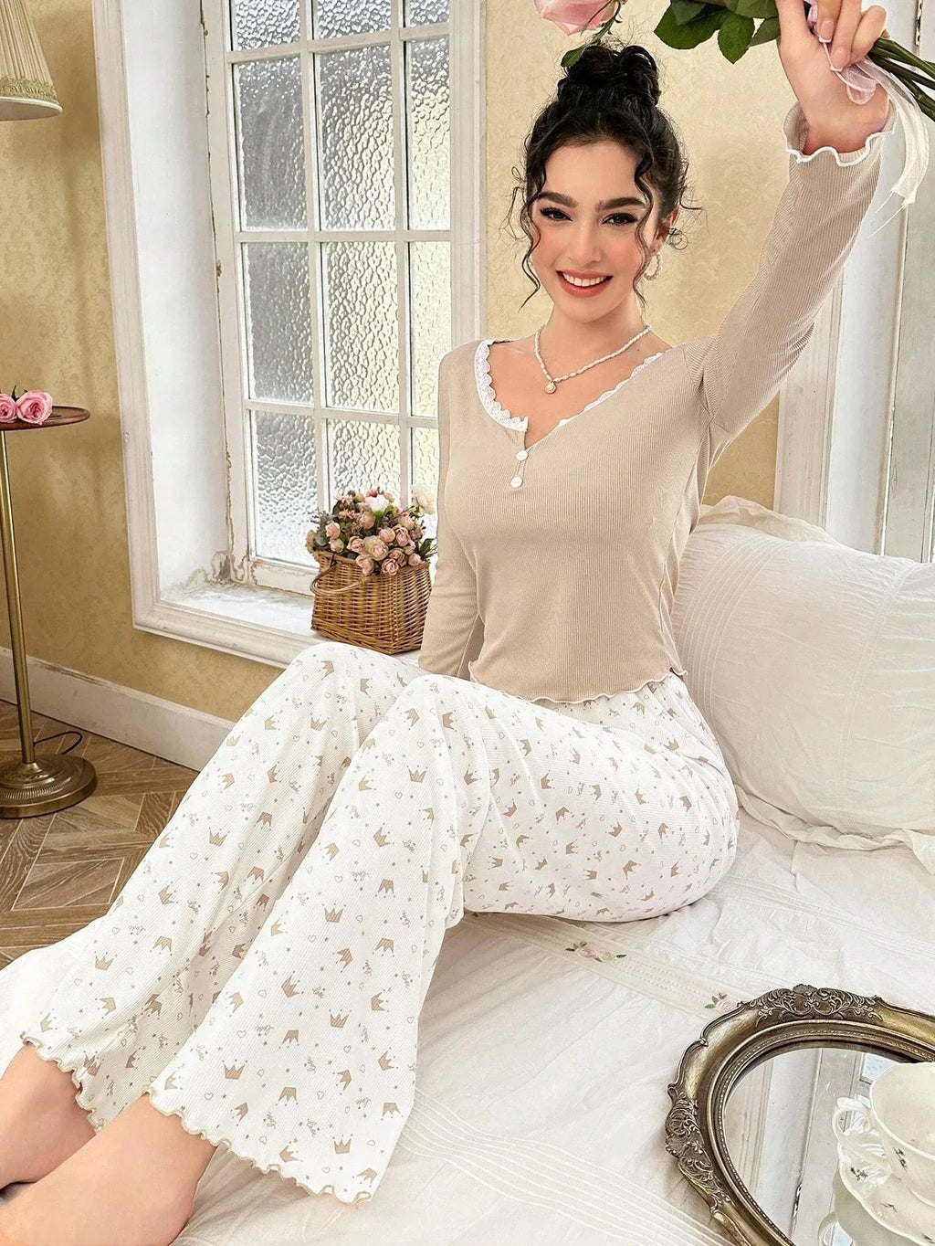 Ribbed knit pajama set with lace trim henley top and crown print bottoms - View 14 | TEVQA