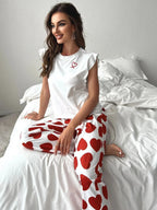 Heart print pajama set with ruffle sleeves - View 16 | TEVQA