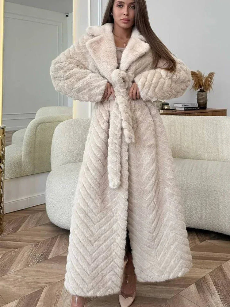 Elegant chevron textured faux fur maxi coat - View 12 | TEVQA
