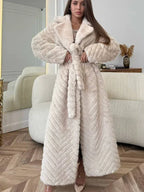 Elegant chevron textured faux fur maxi coat - View 12 | TEVQA