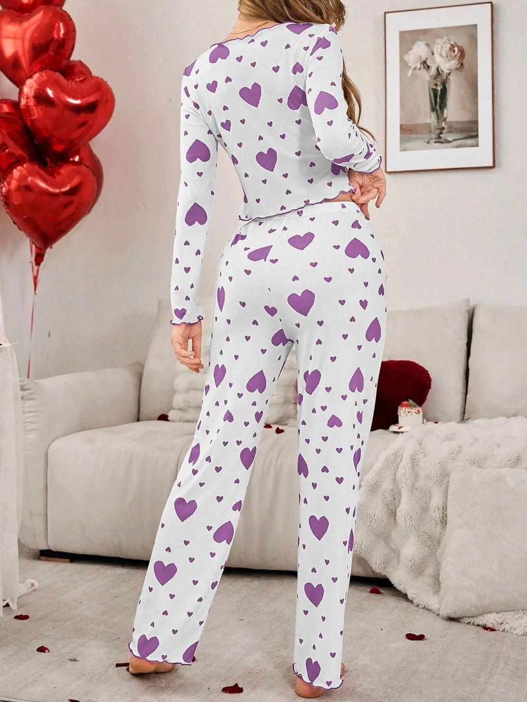 Ribbed Heart Print Pajama Set - View 32 | TEVQA