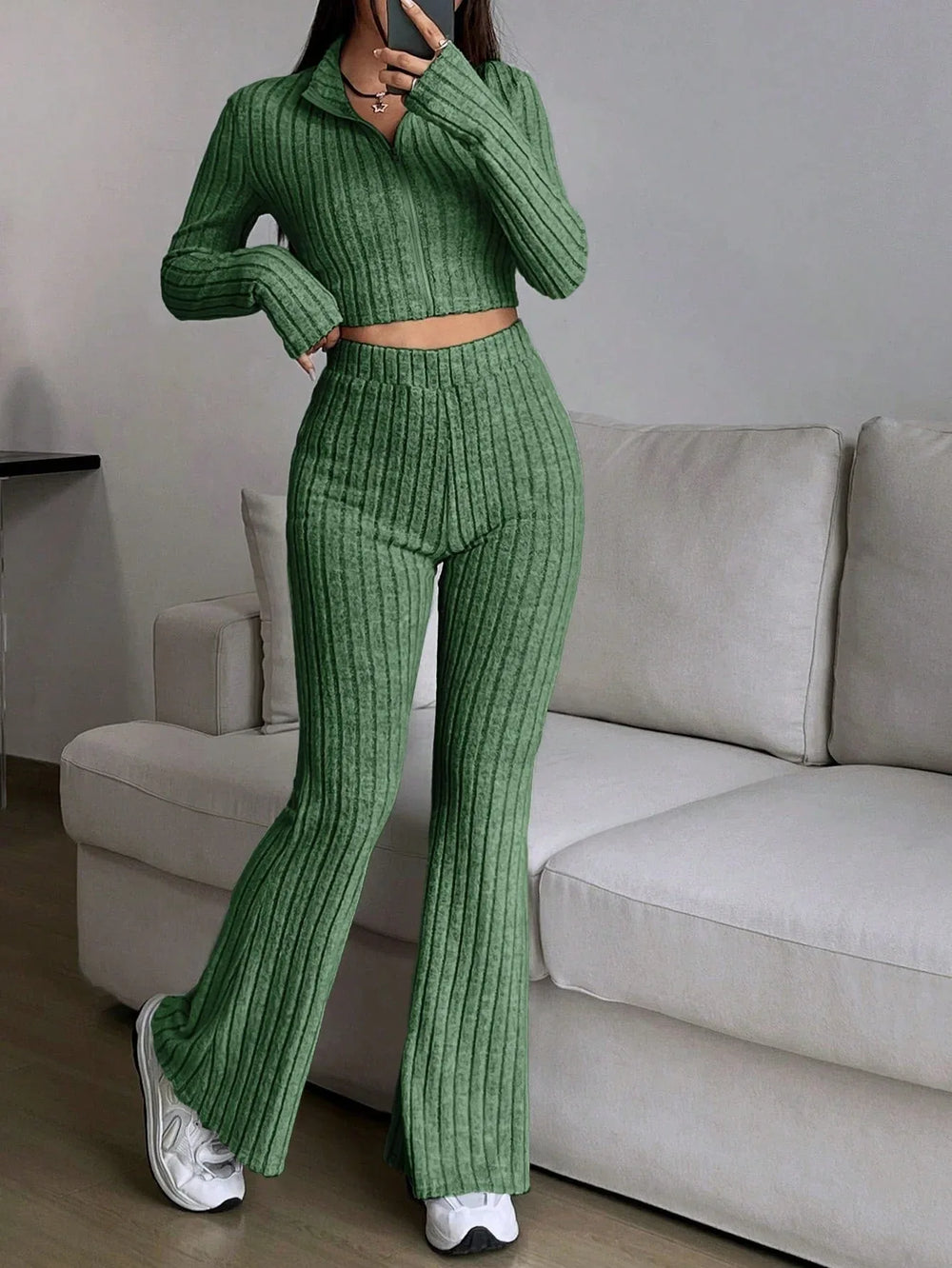Vintage Moss Ribbed Knit Two-Piece Set - TEVQA
