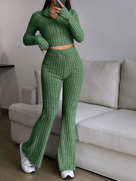 Vintage Moss Ribbed Knit Two-Piece Set - TEVQA