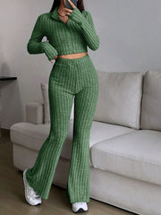 Vintage Moss Ribbed Knit Two-Piece Set - TEVQA