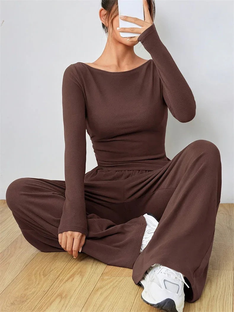 Women's Boat Neck Wide Leg Two-Piece Set - View 24 | TEVQA