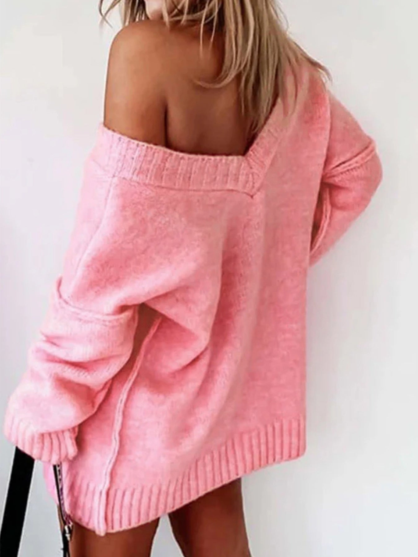 Soft Pink Off-Shoulder V-Neck Sweater