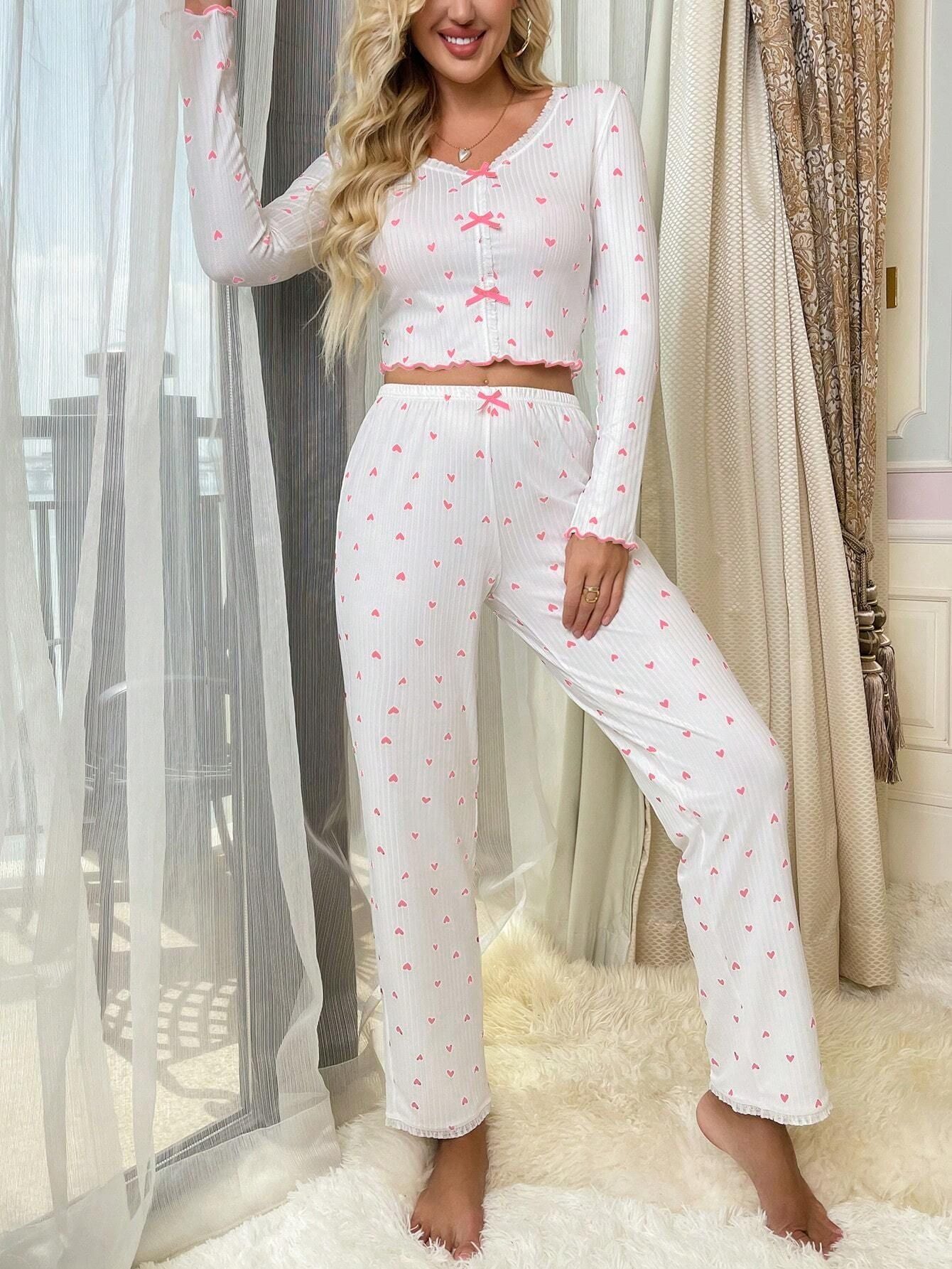 Coquette Red Heart Print Ribbed Pajama Set