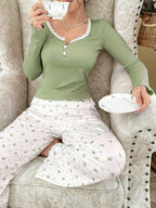 Ribbed knit pajama set with lace trim henley top and crown print bottoms - View 24 | TEVQA