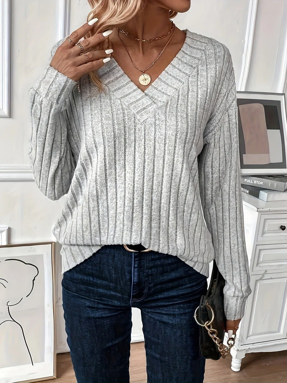 Wide Ribbed V-Neck Knit Top - View 7 | TEVQA