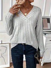 Wide Ribbed V-Neck Knit Top - View 7 | TEVQA