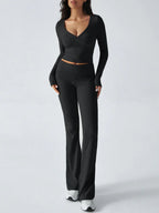 V-Neck Crop Top and Fold-Over Flare Pants Set - View 37 | TEVQA