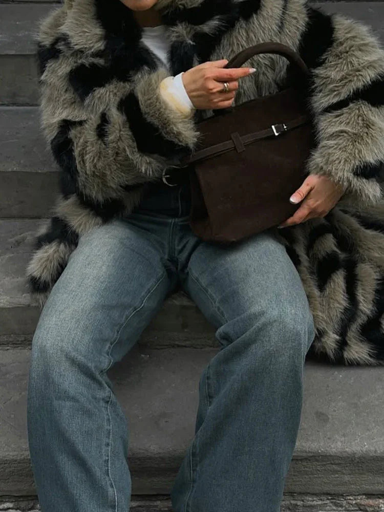 Vintage Zebra Stripe Faux Fur Long Coat - TEVQA