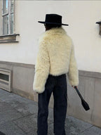 Cropped faux fur jacket with lapel collar - View 8 | TEVQA