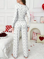 Ribbed Heart Print Pajama Set - View 8 | TEVQA