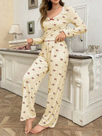Ribbed pajama set with bow print and v-neckline - View 13 | TEVQA